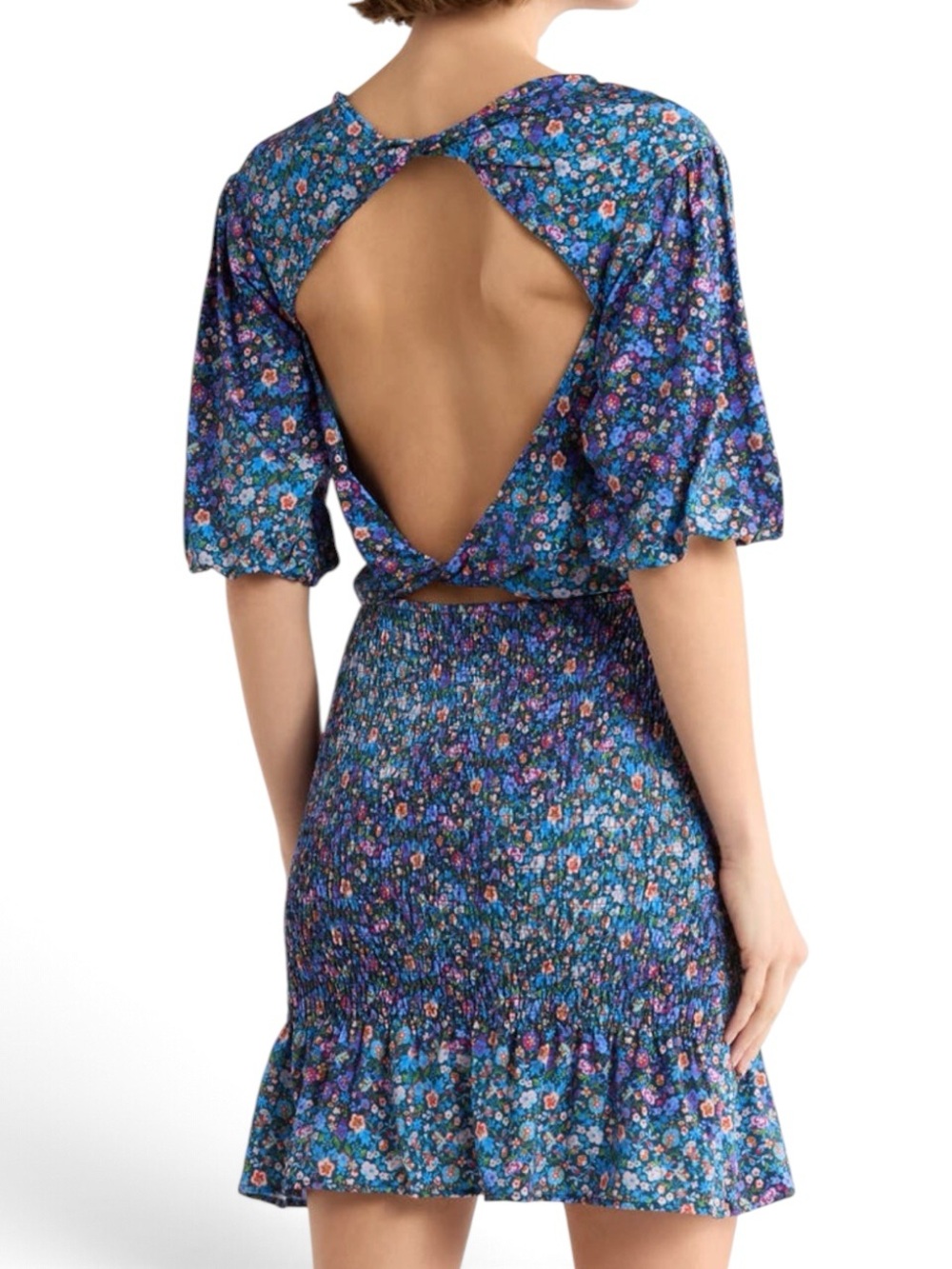 Sandro Floral Open Back Smocked Mini Dress Size 4/6 US EU 38 in Blue/Violet NWT